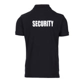 Back view of a black Polo Security shirt made of 100% cotton, ideal for security personnel, fits with fitness and boxing gear.